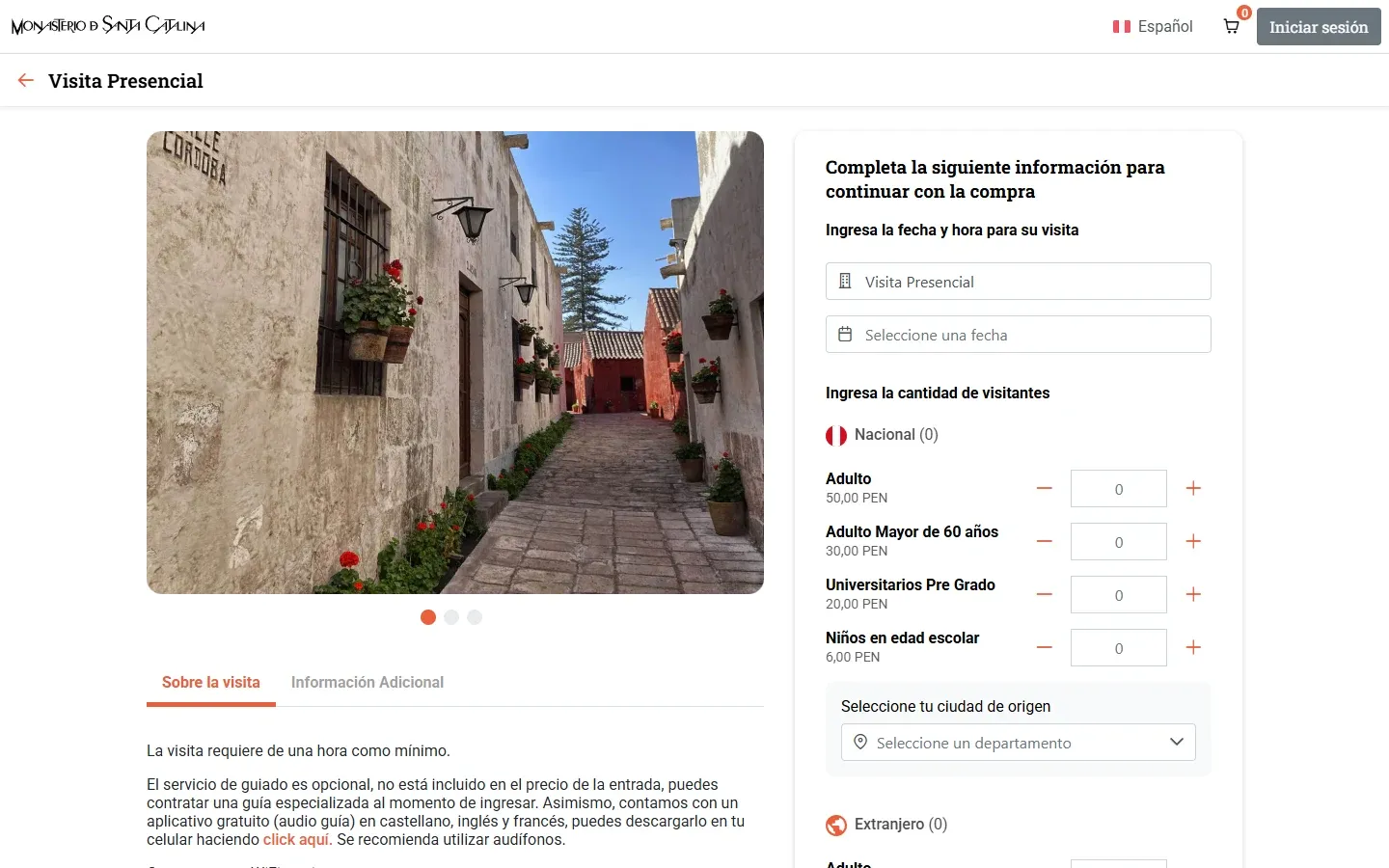 Compra de una visita presencial: fecha, hora y cantidad de visitantes por tarifa.