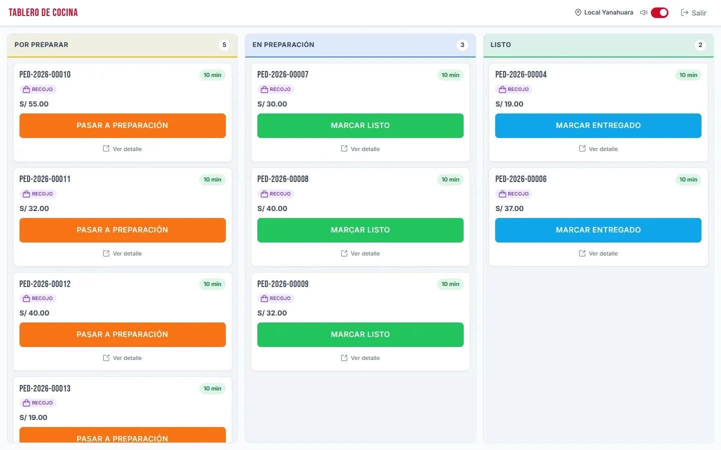 Tablero de cocina en tiempo real con los pedidos por preparar, en preparación y listos, con datos de demostración.