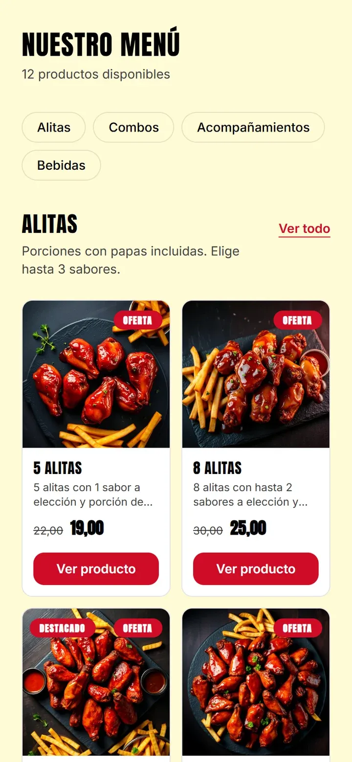 Menú en un teléfono, con porciones, precios y ofertas de demostración.