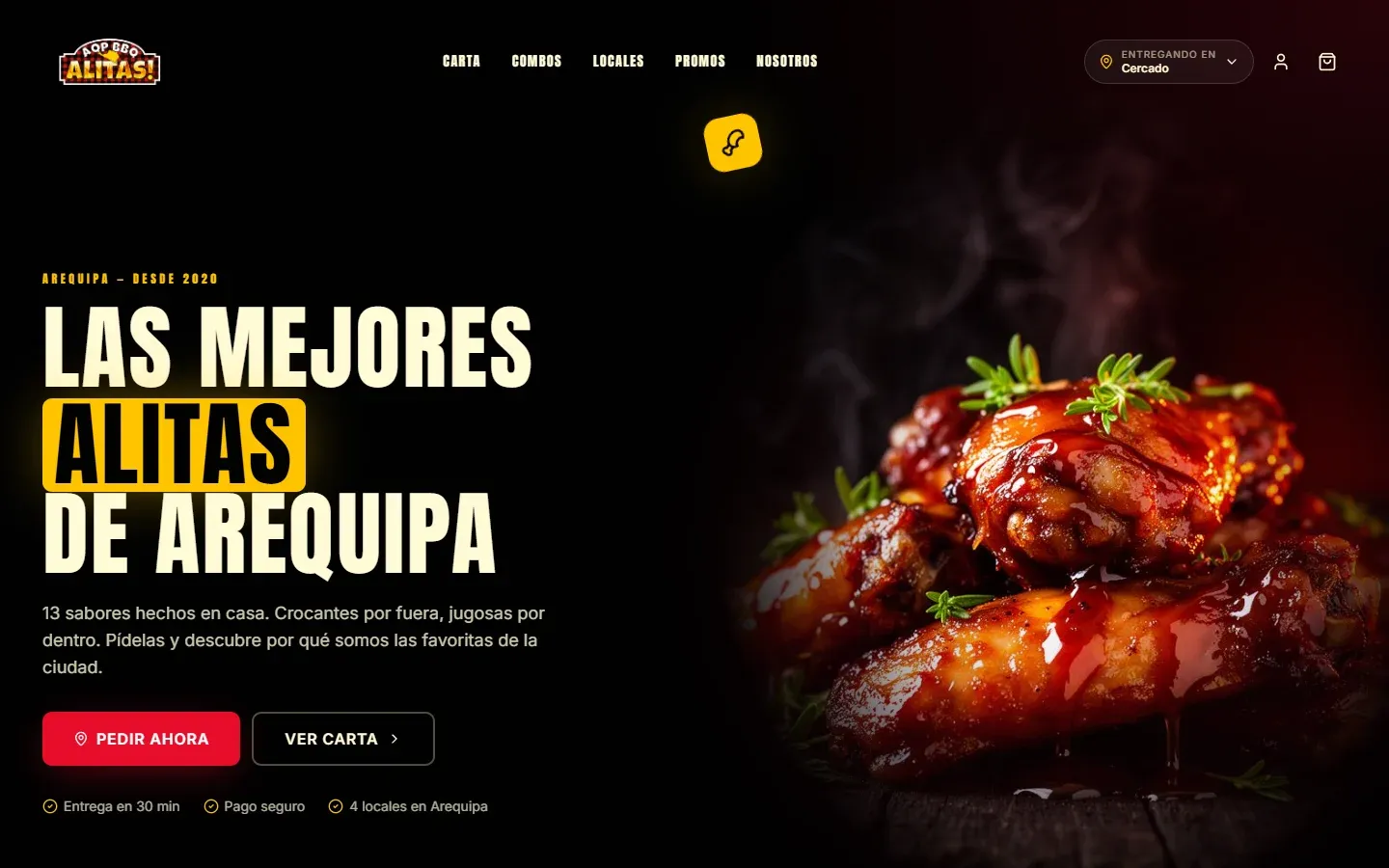 Portada de la tienda de AQP BBQ Alitas, con el acceso a la carta y al pedido.